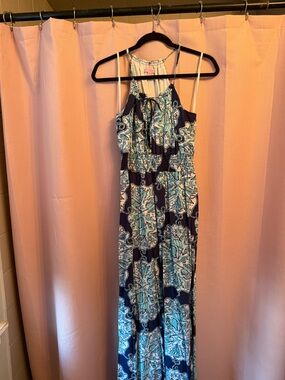 Lilly Pulitzer Navy, White & Teal Printed Maxi Dress